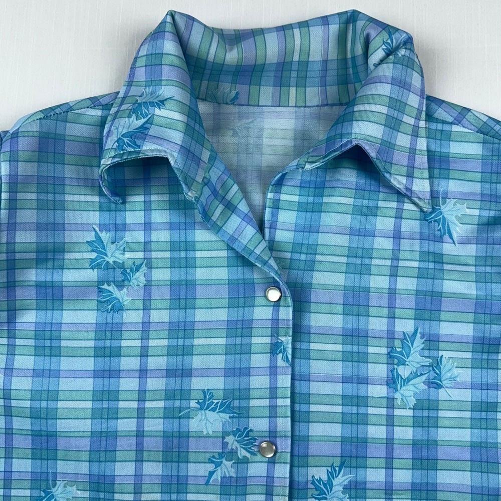 Vintage 70s Blue Green Plaid Leaf Print Snap Button Long Sleeve Shirt - Picture 3 of 7